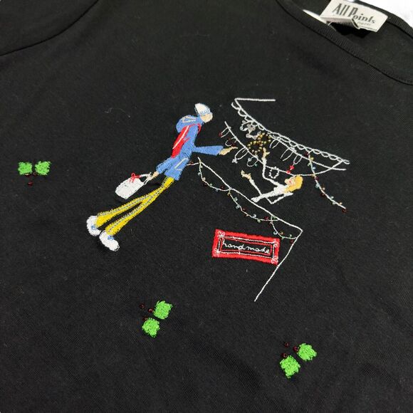 All Points Shirt Woman's Large Black Combo Crew Neck 100% Cotton Embroidered Tee - Picture 4 of 10